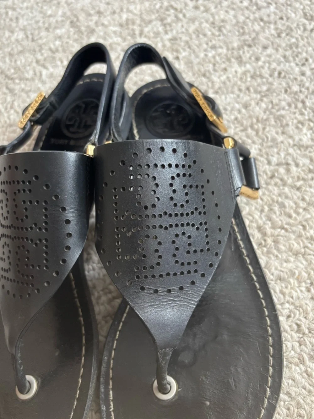 Tory Burch Black Perforated Logo Thong Sandals with Gold Hardware